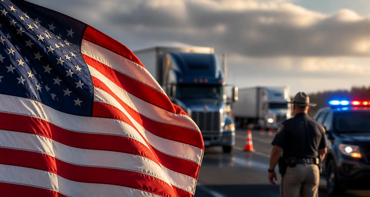 American flag in the foreground with commercial trucks and law enforcement vehicles on a highway during a commercial vehicle safety inspection operation.