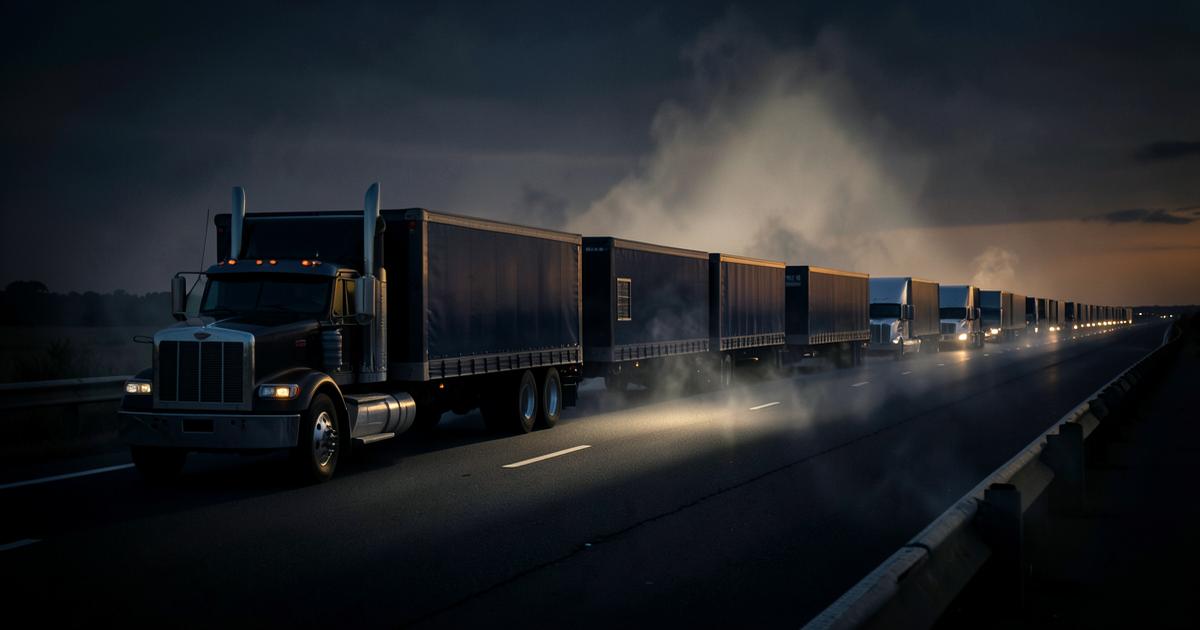A long line of identical car-hauler semi trucks on a highway at dusk with smoke drifting across the scene, illustrating the illusion of a single massive carrier network.