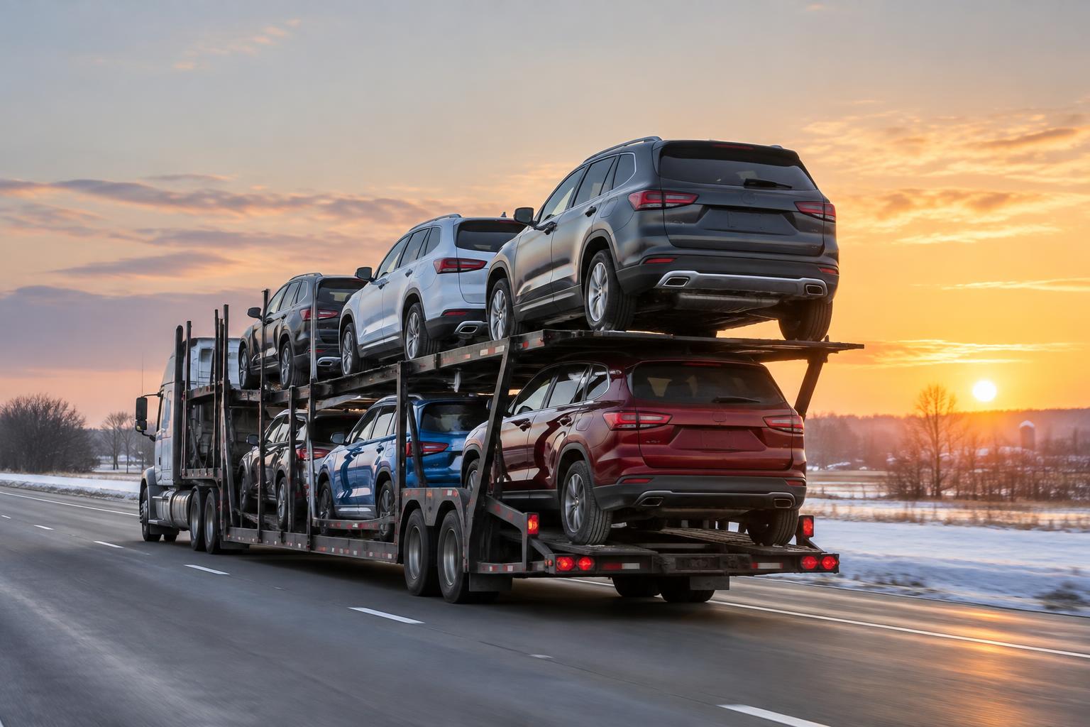 Open multi-car carrier hauling vehicles down 5th Avenue South in Naples, Florida